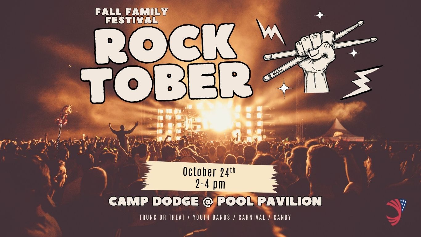 Rocktober, Fall Family Festival poster: October 24th, 2 to 4 PM, at Camp Dodge Pool Pavilion. Trunk or treat, youth bands, carnival, and candy.