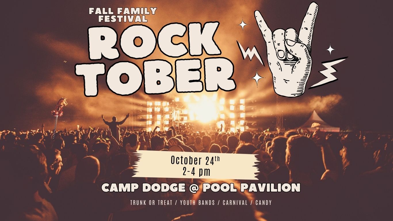 Rocktober, Fall Family Festival poster: October 24th, 2 to 4 PM, at Camp Dodge Pool Pavilion. Trunk or treat, youth bands, carnival, and candy.