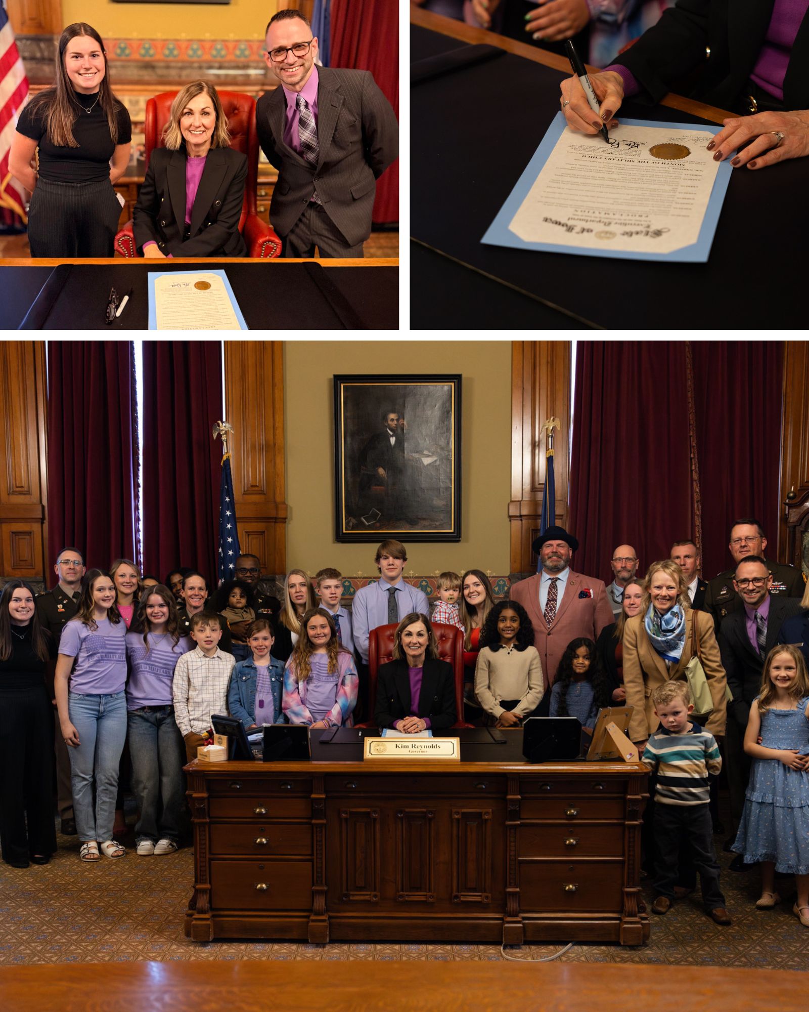 Governor Reynolds signing the Month of the Military Child proclamation at the Iowa State Capitol